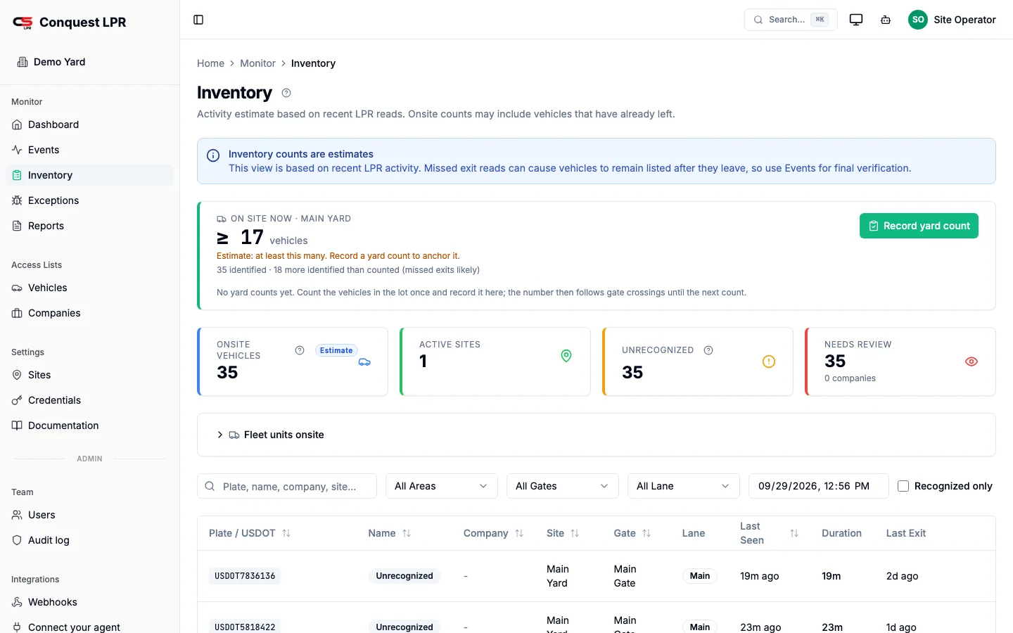 Inventory page: on-site vehicle estimate, unrecognized and needs-review counts, and the list of vehicles on site with dwell time